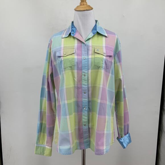 Aura Wrangler Shirt Womens M Medium Pastel Pearl Snap Buttons Western Flip Cuff - Picture 2 of 11